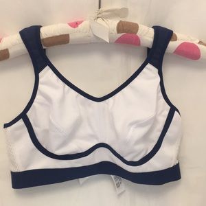 LA ISLA Sports Bra White Blue Trim 38B Cotton Blend Wide Adjustable Straps New